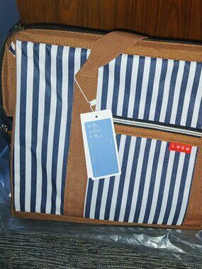 Beautiful Navy Striped / Faux Leather LARGE Bag NWT